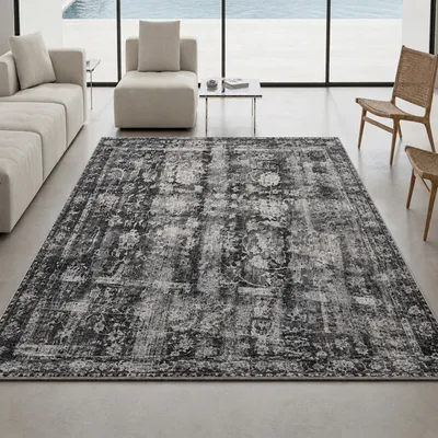 Image de Tapis gris à motif floral et aspect vintage, dimensions : 120 x 160 cm