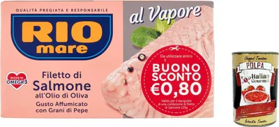 Produktbild von 12x Rio Mare Gedämpftes Lachsfilet mit Olivenöl und Pfefferkörnern, geräucherter Geschmack, 125 g + Italian Gourmet polpa 400g