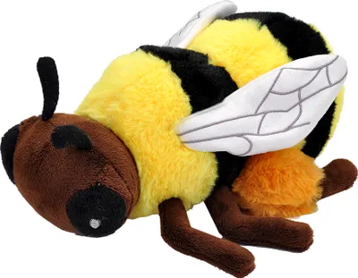 A plush toy bee is shown against a white background.