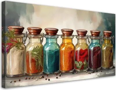 Image de Tableau sur toile Épices colorées Herbes aromatiques 100x50 Feeby Tableau coloré pour le mur, prêt à être accroché