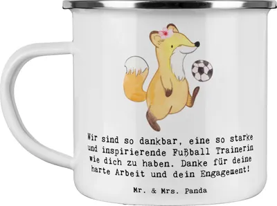 Produktbild von Mr. & Mrs. Panda Emaille Becher Fußball Trainerin Dankbarkeit - Weiß - Geschenk, Mannschaft, Teetasse, Sportart, Turniere, Kaffeepott, Pott, Tasse, Danksagung, Teamgeist