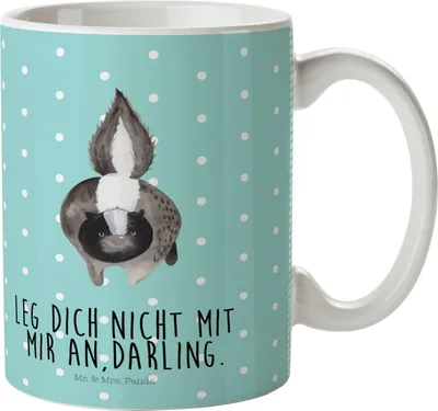 Produktbild von Mr. & Mrs. Panda Haferl Stinktier Angriff - Türkis Pastell - Geschenk, Plastikbecher, Kinderbecher, Wildtier, Raubtier, Drohung, Skunk, Pott, Henkelbecher, Stinki