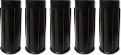 Five black plastic dispensing nozzles are arranged in a row against a white background.