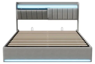 Obrázok produktu pre Postel s čalúneným rámom 160 x 200 cm - dvojlôžko s roštom - hydraulický úložný priestor - LED osvetlenie - USB nabíjací port - čalúnená opierka s úložným priestorom - sivá farba