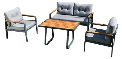 Image de Salon de jardin en métal et tissu anthracite et gris avec canapé, 2 fauteuils et table basse