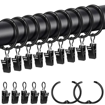 Produktbild von Gardinenringe Vorhangringe Duschvorhangringe - 20 Stück - Metall - Schwarz - 32 mm Innendurchmesser - Mit Clips für Gardinenstangen bis 28 mm