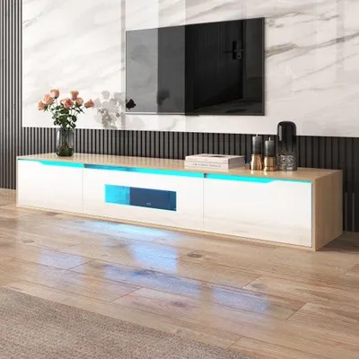Immagine prodotto di Supporto per TV LED, finitura lucida, disponibile nei colori bianco e legno, con illuminazione LED a colori variabili