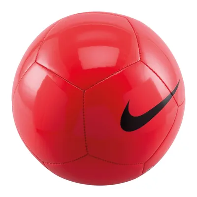 A red Nike soccer ball on a white background.