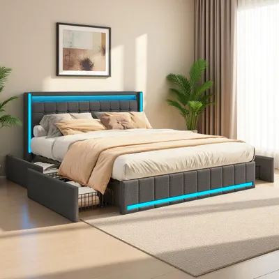Obrázok produktu pre Postel INONEFT, rozmer 180x200 cm, s úložným priestorom, čalúnená posteľ s LED osvetlením, s portami typu C a USB, dvojlôžko s 4 zásuvkami, materiál: ľan, farba: tmavosivá