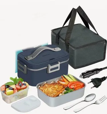 Immagine prodotto di Contenitore termico elettrico per il pranzo, 2 in 1, 1,8 litri, 12/24/110 V, blu-grigio, set per auto e ufficio.