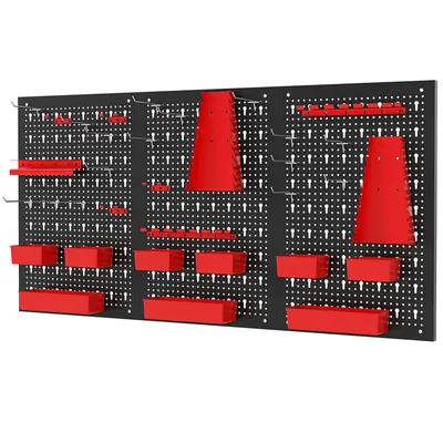 Obrázek produktu pro COSTWAY stěna na nářadí 120x60x2cm, perforovaná dílenská stěna s 9 úložnými boxy, držáky na nářadí, háčky a příslušenstvím, kov, červená barva