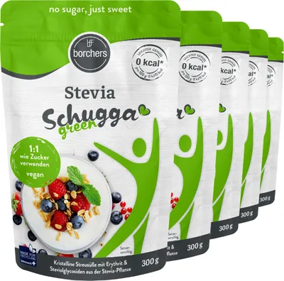 Produktbild von BORCHERS Schugga green, Kristalline Streusüße, Stevia-Erythrit Mischung (5x300g)