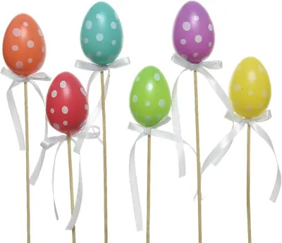 Immagine prodotto di Uova decorative in plastica colorata, bianche con pois, da utilizzare come fermacampioni per fiori, set da 6 pezzi