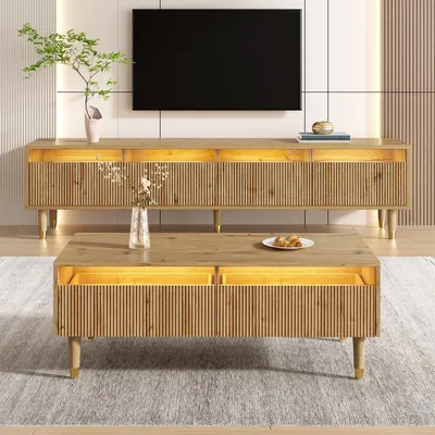 Immagine prodotto di set credenza TV e tavolino in legno okwish, set da soggiorno con due cassetti, panca TV con illuminazione LED, tavolino con struttura a onda e credenza con 4 ante