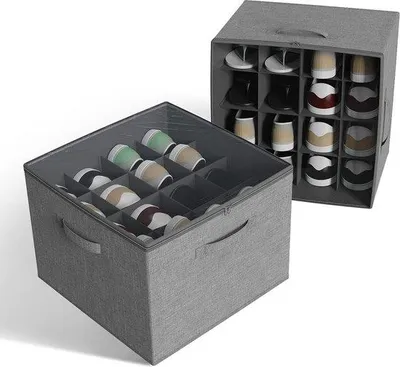 Image de Rangement à chaussures pliable à 16 compartiments - Boîte à chaussures peu encombrante pour armoire, avec couvercle transparent et poignées - Gris