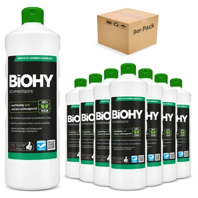 Produktbild von BiOHY Schmierseife, Schmierseifenlösung, Fußbodenreiniger, -Konzentrat – 9er Pack (9 x 1 Liter Flasche)