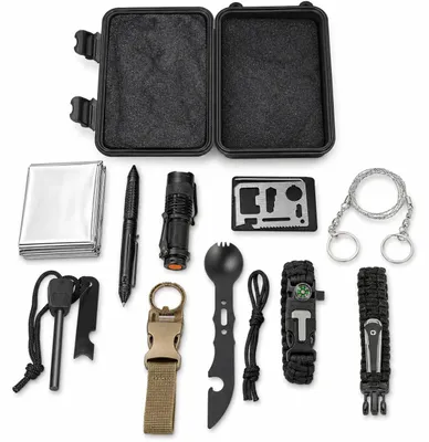 Produktbild von Outdoor-Überlebensset für Camping und Wandern - Taschenwerkzeug - Rettungsdecke - Kompass - Feuerstarter - Paracord-Armband - Nylon