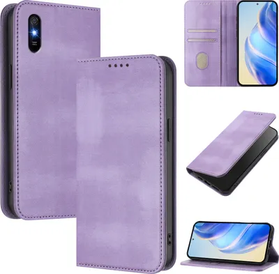 Obrázek produktu pro Pouzdro pro Xiaomi Redmi 9A, vintage kožené pouzdro s RFID ochranou, přihrádkami na karty, stojánkem Fialový