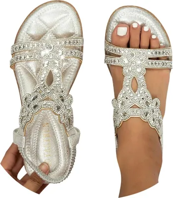 Produktbild von ASKSA Damen Glitzer Sandalen Sommer, Strass Sandalen Elegant Flach Schuhe, Silber, Groesse: 38