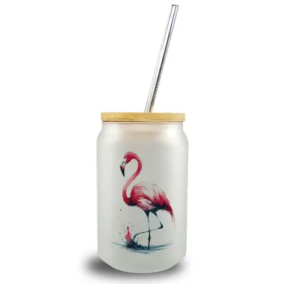 Produktbild von Rosa Flamingo Trinkglas mit Bambusdeckel