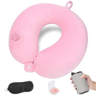 Image de Coussin gonflable pour le cou, idéal pour les voyages en avion, avec masque de sommeil et bouchons d'oreille, couleur rose