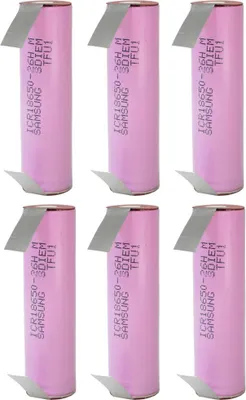 Six pink cylindrical batteries arranged in two rows of three against a white background.