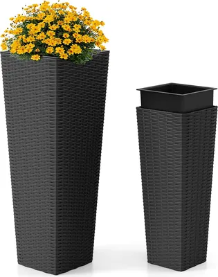 Produktbild von COSTWAY 2er Pflanzkübel 82cm/60cm hoch, Polyrattan Pflanzgefäße mit Innentopf & Entwässerungslöchern, Blumentöpfe Übertopf stapelbar Schwarz
