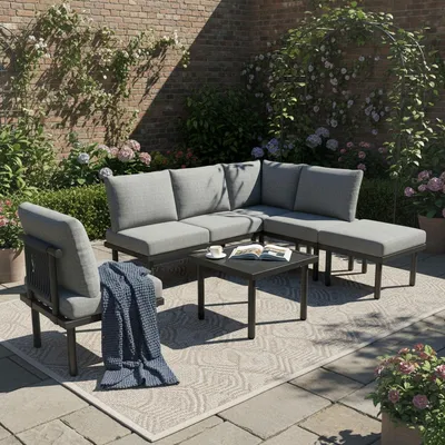 Image de Flieks Gartenlounge Set 6 Sitzer, Ensemble de meubles de jardin avec cadre en fer, Table de jardin avec canapé de jardin pour 6 personnes, Meubles de terrasse Balcon Set, Gris
