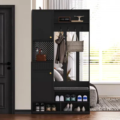 Produktbild von Garderobenset mit Sitzbank, Pegboard, 4 Haken, 2 Schubladen & Schrank, MDF, Schwarz, 100×35×180 cm