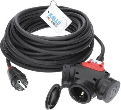 Produktbild von KALLE DAS KABEL Verlängerungskabel H07RN-F 3G 1,5 mm² 15 Meter IP44 Schuko 3-Fach Kupplung IP44 Stromkabel 3-fach-Verteiler Campingkabel Baustellenkabel Verteiler