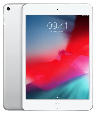 A silver iPad mini is shown from the front and side, displaying its screen with the time and date.