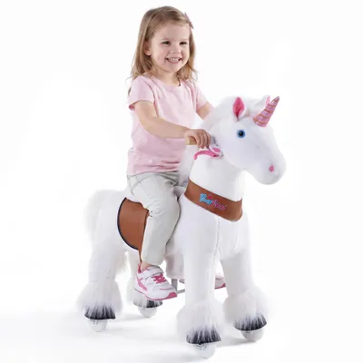 Image de PonyCycle cheval à bascule sur roues avec et freins pour enfants de 3 à 4 ans chevauchant un animal de type licorne - Ux304