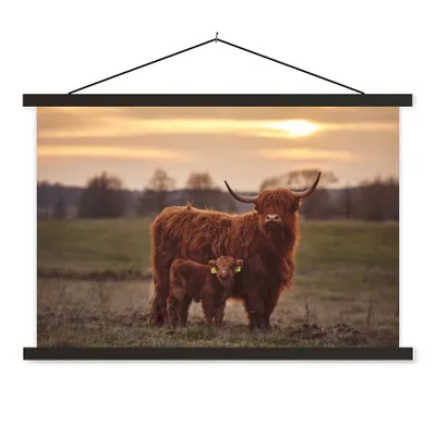 Produktbild von MuchoWow® Textilposter Schottische Highlander - Tiere - Landschaft - Sonnenuntergang - Kuh 60x40 cm mit schwarzem Rahmen - Hölzernes