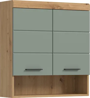 A wall-mounted cabinet with wooden accents and green doors.