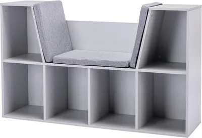 Immagine prodotto di Libreria per bambini con panca e 6 scomparti, cassapanca con 3 cuscini e contenitore per giocattoli, dai 3 anni in su, bianco+grigio, 103 x 30 x 62 cm, bianco, legno, 30 cm, 62 cm
