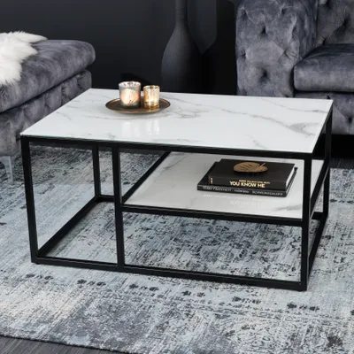 Image de Élégante table basse BOUTIQUE 90 cm, blanc, plateau en verre cristal, motif marbré, piètement noir