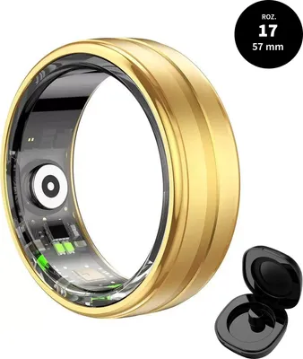 A smart ring and its charging case are shown against a white background. The ring is gold with visible internal components.