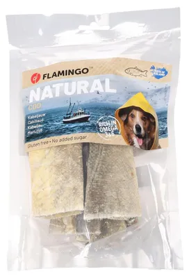 Productafbeelding van Leckerli voor honden, Kabeljauwhuid, 50g, Kauwstrip van visleer, Flamingo