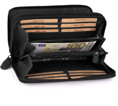 Produktbild von Benthill Damen Geldbörse Echt Leder XXL - Portemonnaie Groß mit RFID Schutz - Echtleder Vintage Damenbörse mit vielen Kartenfächer inkl. Geschenkbox