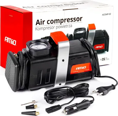Produktbild von AMiO Luftkompressor 12V/230V, 150 Psi, 35 L/min, Kunststoff, 240x105x130mm, 1.7 kg, mit integriertem Manometer, Kabelstaufach & 3 Aufblasnippeln für Bälle, Matratzen, Fahrrad- & Autoreifen