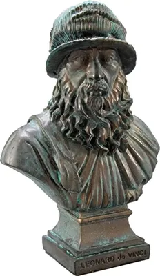 A bronze bust of Leonardo da Vinci on a white background.