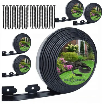Produktbild von 5er-Set Rasen- und Gartenkanten (60 mm x 50 mm x 10 m) mit 30 Heringen und Ankern, Schwarz