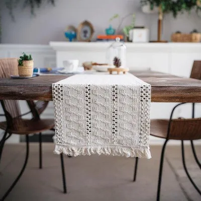 Produktbild von Ibenzoa® Boho-Tischläufer mit Makramé‑Muster & Quasten – beige/creme, Baumwolle/Leinen, waschbar, 30 x 140 | 30 x 180 | 30 x 275 cm