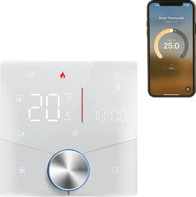 Obrázok produktu pre Bezdrôtový termostat Matter pre elektrické podlahové vykurovanie domu s APP a hlasovým asistentom Farebný LED digitálny dotykový displej Nastaviteľný gombík Presné ovládanie teploty Nástenný termostat Úspora energie a DIY 7x6 Týždenný programovateľný termostat AC
