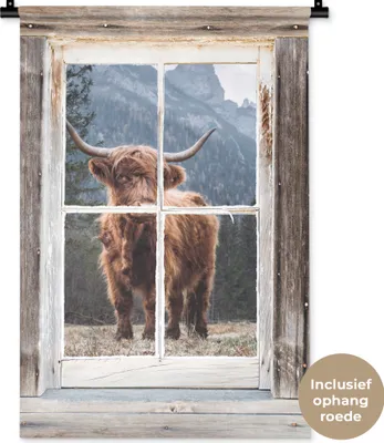 Produktbild von MuchoWow® Wandteppich Wandbehang Schottisches Hochlandrind - Aussicht - Berg - Bäume 60x90 cm Tapisserie Dekoration Wandtuch - Foto-Teppich - Abwaschbar