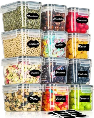 Produktbild von Unyqoos® 12-teiliges Set luftdichter Vorratsdosen 0,8 L – ABS (BPA-frei), stapelbar, auslaufsicher, mikrowellen-/gefrier-/spülmaschinenfest, mit Etiketten