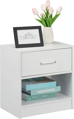 Image de Table de chevet - Tiroir - Compartiment ouvert - 41,5 x 39 x 31 cm - Table d'appoint pour chambre - Table de nuit - Blanc