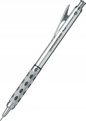 A silver mechanical pencil with a textured grip is shown against a white background.