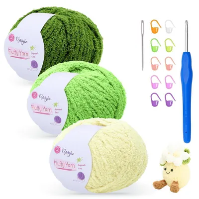 Image de Fil à crocheter Chenille, 3 pelotes de 50g, aiguille de 4mm, couleur vert, idéal pour couvertures pour bébé, amigurumi et décoration intérieure