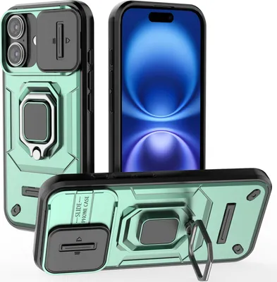 Image de Étui pour iPhone 16 étui double couche avec protection coulissante de l'appareil photo et support d'anneau, stand vert
